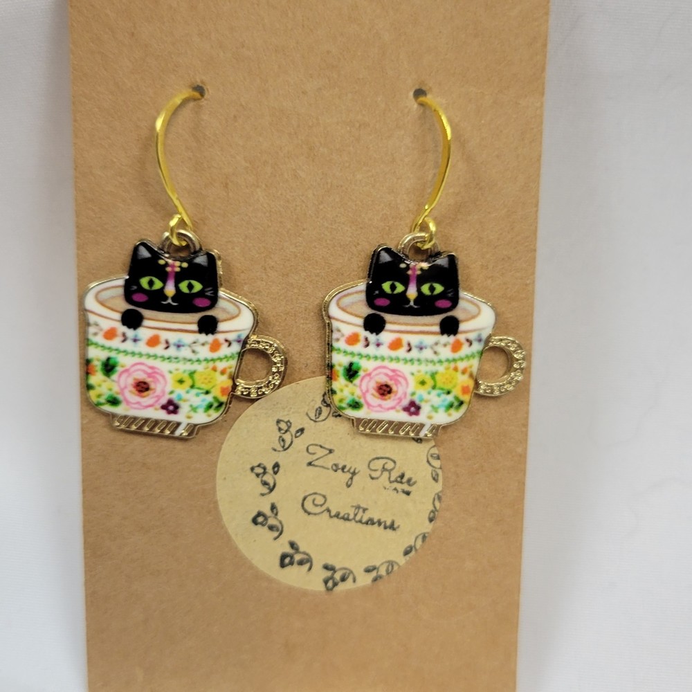 Kitty in Floral Teacups Earrings Dangle Hook Hypoallergic Gold Plated Black - Picture 5 of 11